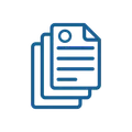 Blue documents icon: stack of papers with lines of text, and a circle at the top.